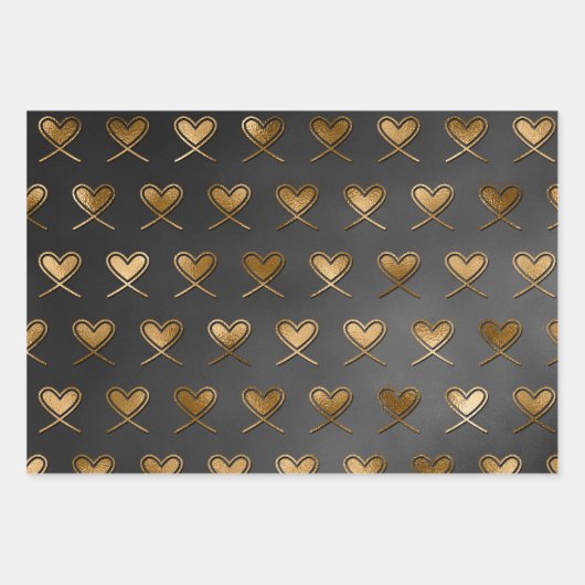 Schwarz mit Gold Herz Valentins Geschenkpapier Set (Vorderseite)