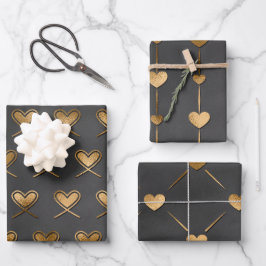 Schwarz mit Gold Herz Valentins Geschenkpapier Set