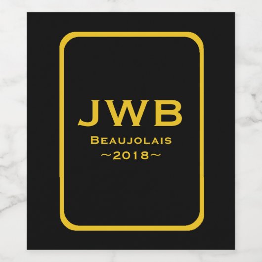 Schwarz mit Gold Monogram und Frame Wine Labels Weinetikett (Einzelnes Label)