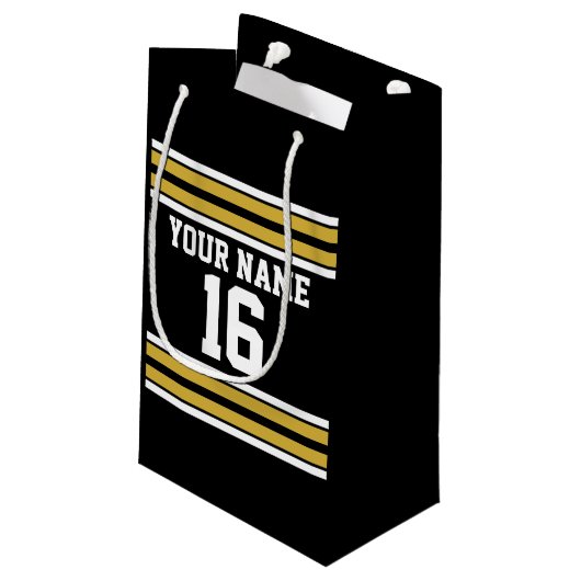Schwarz mit Gold White Stripes Team Jersey Kleine Geschenktüte (Rückseite Schrägansicht)