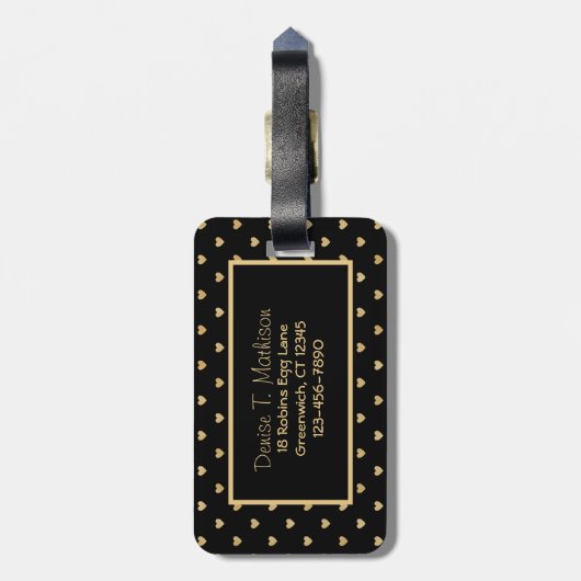 Schwarz mit goldenem Herz Muster - Mit Monogramm Gepäckanhänger (Rückseite vertikal)