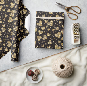 Schwarz mit goldenen funkelnden Herzen Geschenkpapier