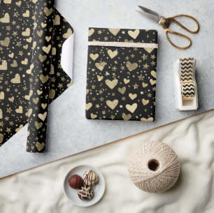 Schwarz mit goldenen funkelnden Herzen Geschenkpapier