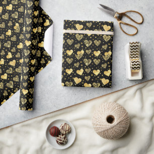 Schwarz mit goldenen funkelnden Herzen Geschenkpapier