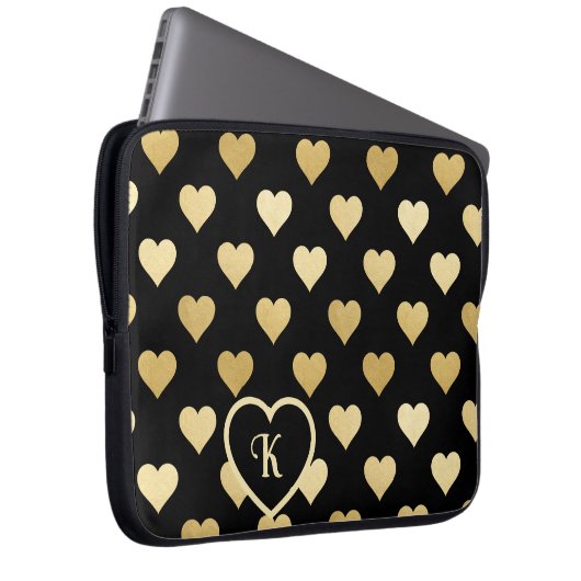 Schwarz mit goldenen Herzen, Monogramm Laptopschutzhülle (Vorne Rechts)