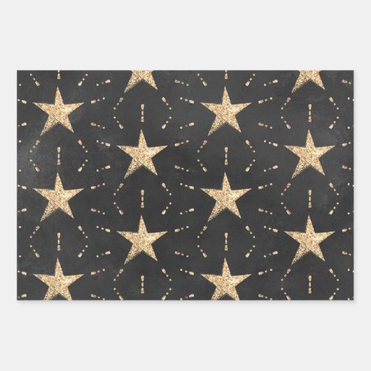 Schwarz mit goldenen Sternexplosionen und Sternens Geschenkpapier Set (Vorderseite)
