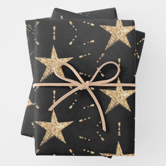 Schwarz mit goldenen Sternexplosionen und Sternens Geschenkpapier Set (Beispiel)