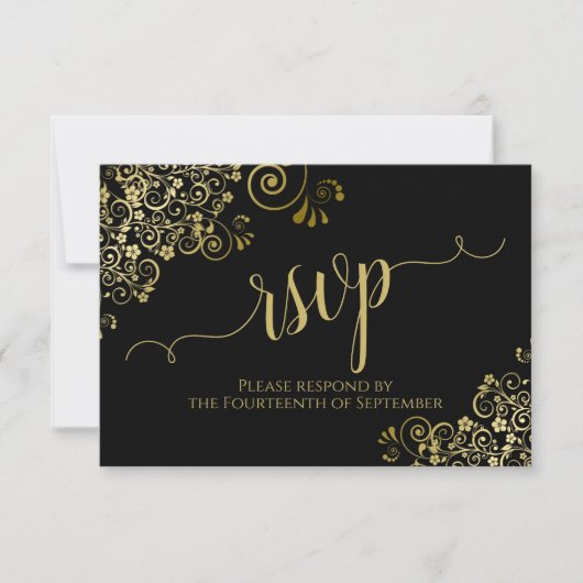 Schwarz mit goldener Spitze Elegante kalligraphisc RSVP Karte (Vorderseite)