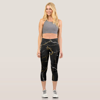 Schwarz mit goldfarbenem Marmormuster Capri Leggings
