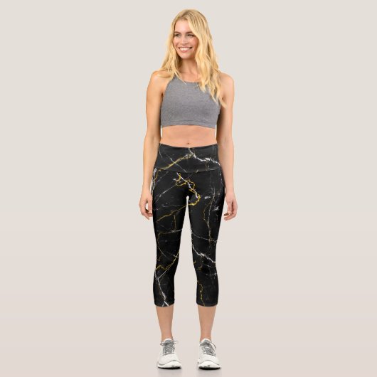Schwarz mit goldfarbenem Marmormuster Capri Leggings (Vorderseite)
