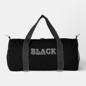 Schwarz mit grauem Text auf schwarzer, solider Far Duffle Bag (Vorderseite)