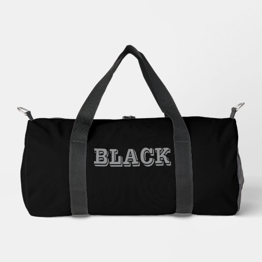 Schwarz mit grauem Text auf schwarzer, solider Far Duffle Bag (Vorderseite)