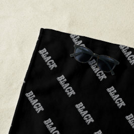 Schwarz mit grauem Text auf schwarzer, solider Far Strandtuch