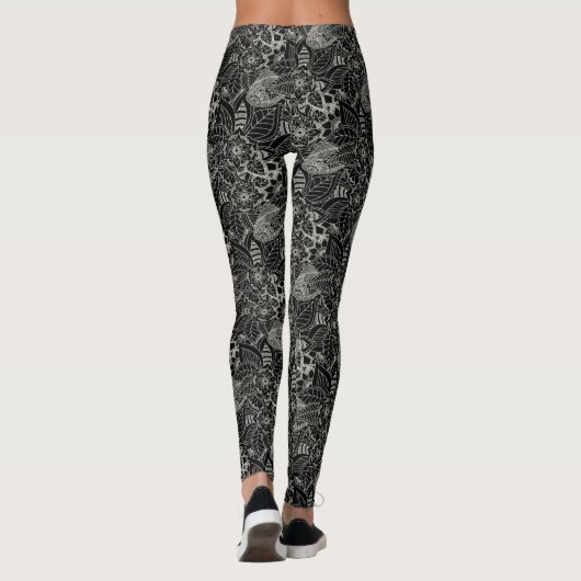 Schwarz mit hellgrauem, floralfarbenem Muster Leggings (Rückseite)