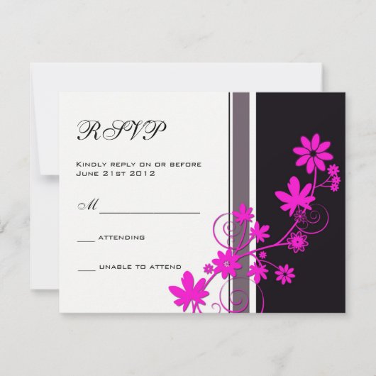 Schwarz mit Hot Pink Blume Wedding RSVP (Vorderseite)
