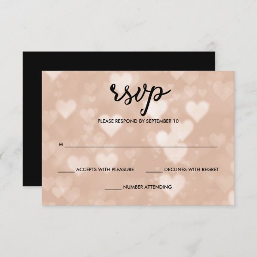 Schwarz mit Imitaten Rose Gold Bokeh Herz UAWG RSVP Karte (Vorne/Hinten)