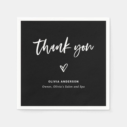 Schwarz mit Lässigem Script und Herz | Danke Serviette (Vorderseite)