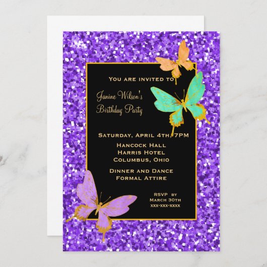 Schwarz mit Lila Glitzer und Schmetterlinge Geburt Einladung (Vorne/Hinten)