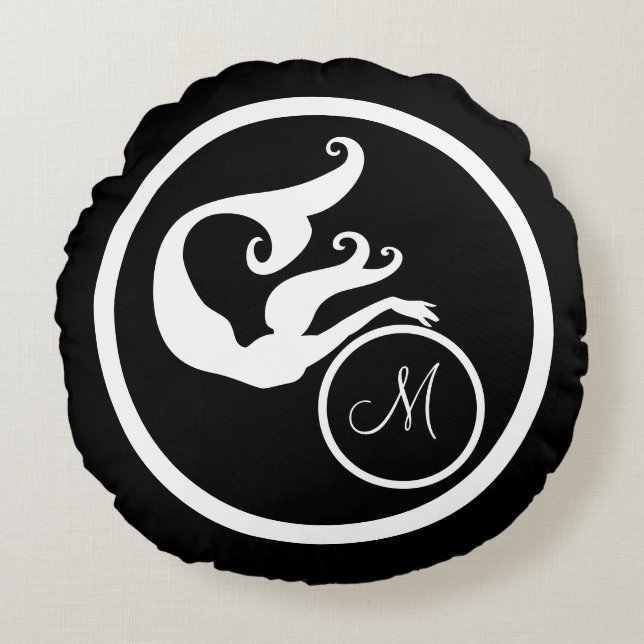 Schwarz mit/Monogramm anfänglich weißes Meerjungfr Rundes Kissen (Vorderseite)