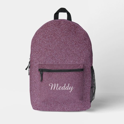 Schwarz, mit Monogramm, rosa Glitzer Textur-Druck Bedruckter Rucksack (Vorderseite)
