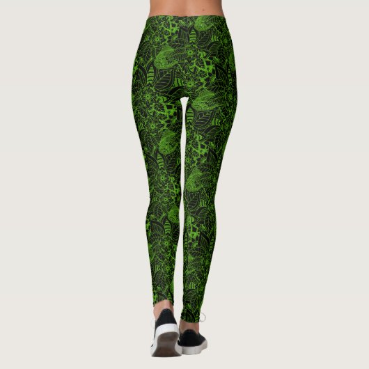 Schwarz mit Neon Green Floral Lace Pattern Leggings (Rückseite)