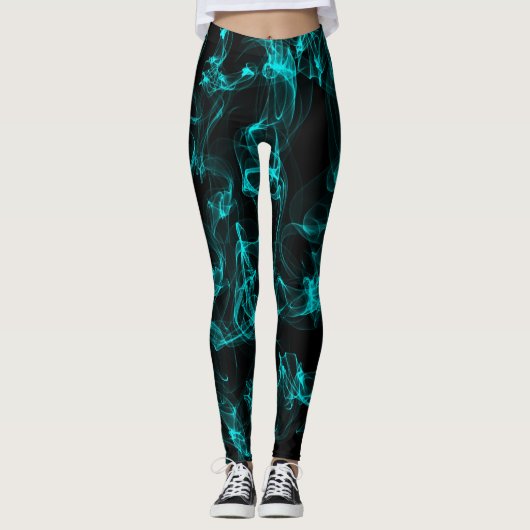 Schwarz mit Neon Green Liquide Rauchmuster Leggings (Vorderseite)