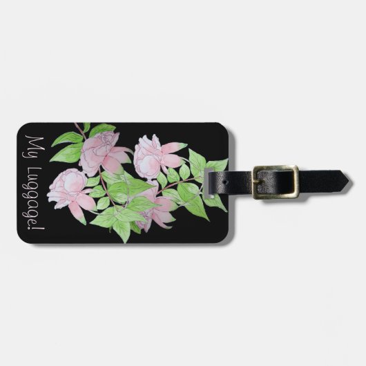 Schwarz mit rosa Blume im Blumendruck Gepäckanhänger (Vorderseite horizontal)