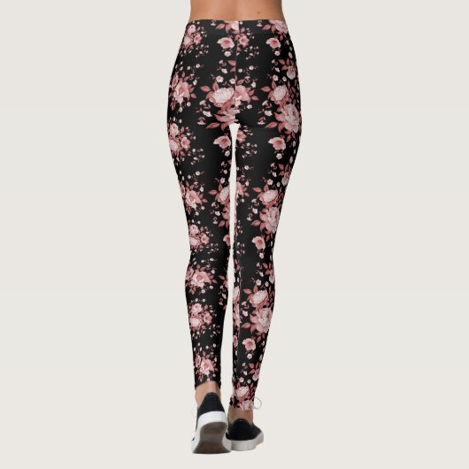 Schwarz mit rosa Blumenmuster Leggings (Rückseite)