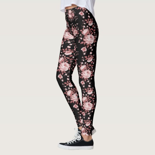 Schwarz mit rosa Blumenmuster Leggings (Links)