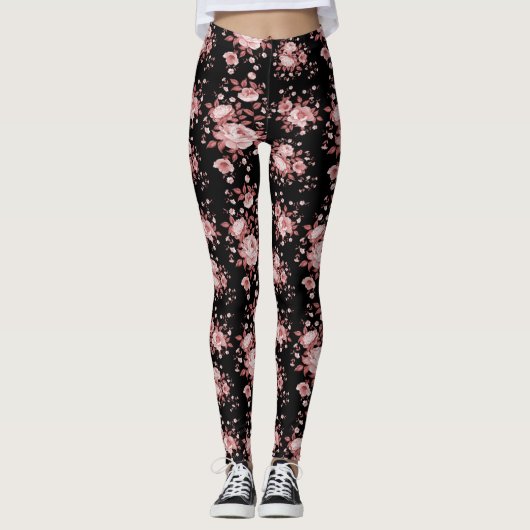 Schwarz mit rosa Blumenmuster Leggings (Vorderseite)