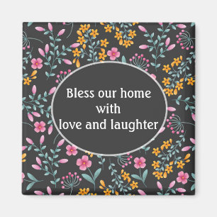 Schwarz mit rosa gelben Blumen Segne unser Zuhause Magnet