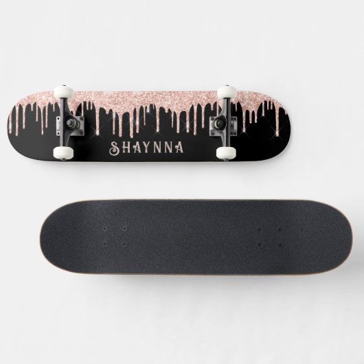 Schwarz mit rosa Glitzer Tropfen Personalisiert Skateboard (Horizontal)