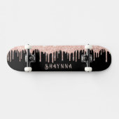 Schwarz mit rosa Glitzer Tropfen Personalisiert Skateboard (Horizontal)