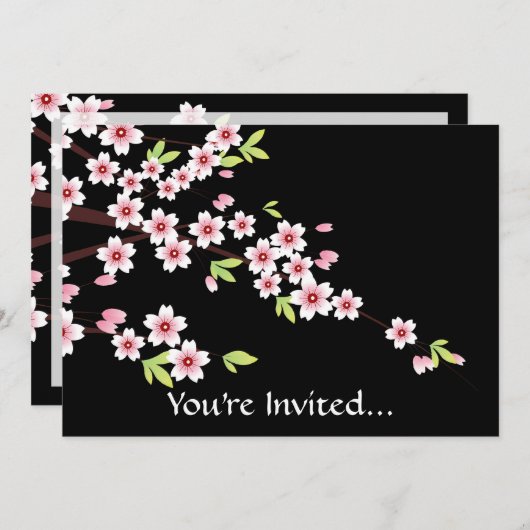 Schwarz mit Rosa und grünem Kirschblossom Sakura Einladung (Vorne/Hinten)