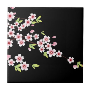 Schwarz mit rosa und grünem Kirschblossom Sakura Fliese