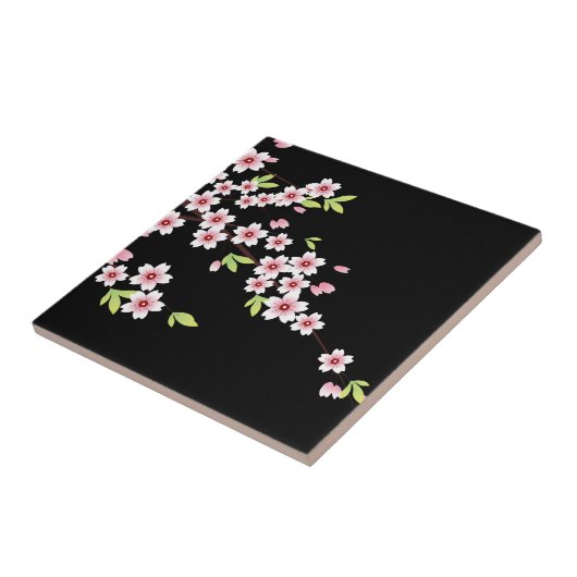 Schwarz mit rosa und grünem Kirschblossom Sakura Fliese (Seite)