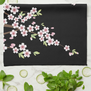 Schwarz mit rosa und grünem Kirschblossom Sakura Handtuch