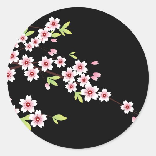 Schwarz mit rosa und grünem Kirschblossom Sakura Runder Aufkleber (Vorderseite)