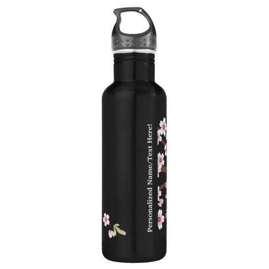 Schwarz mit rosa und grünem Kirschblossom Sakura Trinkflasche (Rückseite)