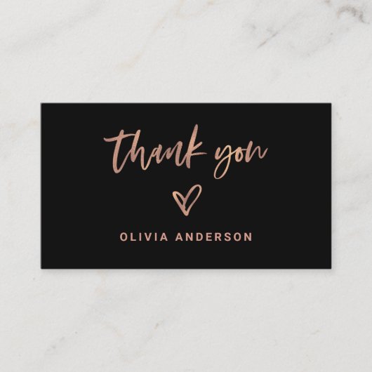 Schwarz mit Rose Gold Script und Herz | Danke Visitenkarte (Vorderseite)
