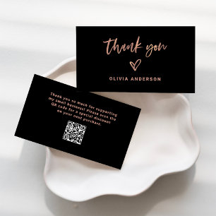 Schwarz mit Rose Gold Script und Herz Danke Visitenkarte