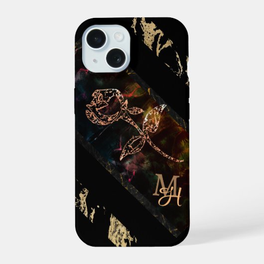 Schwarz mit Rose Monogram iPhone 15 Hülle (Rückseite)