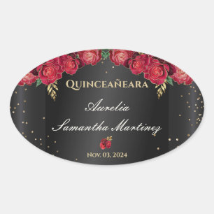 Schwarz mit Rote Rosen Quinceañera Calcamonias Ovaler Aufkleber