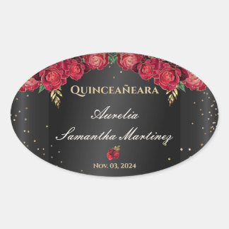 Schwarz mit Rote Rosen Quinceañera Calcamonias Ovaler Aufkleber