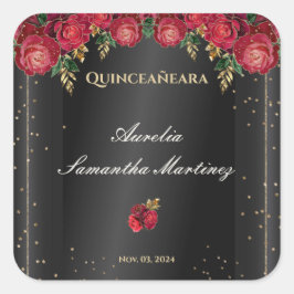 Schwarz mit Rote Rosen Quinceañera Calcamonias Quadratischer Aufkleber