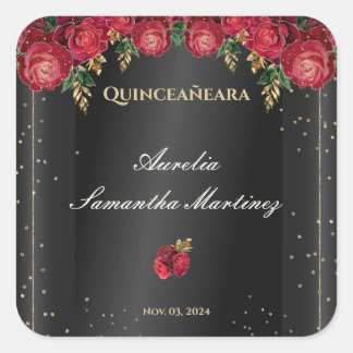 Schwarz mit Rote Rosen Quinceañera Calcamonias Quadratischer Aufkleber