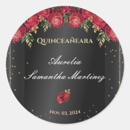 Schwarz mit Rote Rosen Quinceañera Calcamonias Runder Aufkleber