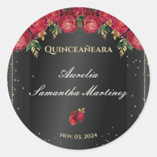 Schwarz mit Rote Rosen Quinceañera Calcamonias Runder Aufkleber