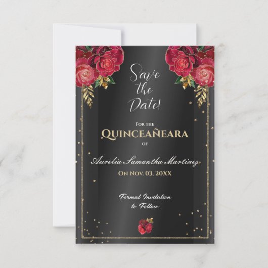 Schwarz mit Rote Rosen Quinceañera Save the Date (Vorderseite)