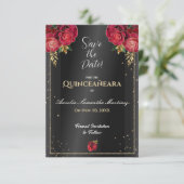 Schwarz mit Rote Rosen Quinceañera Save the Date (Stehend Vorderseite)